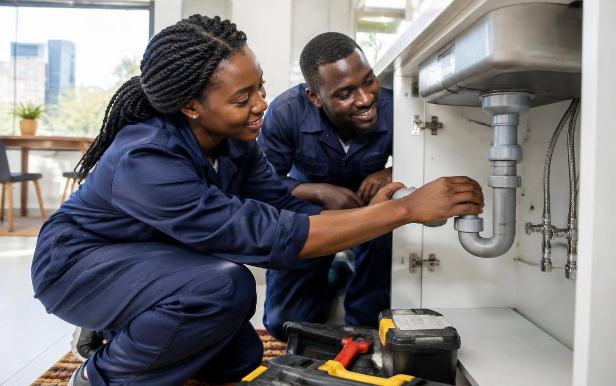 Two Deodar Plumbing technicians inspecting pipework under a sink